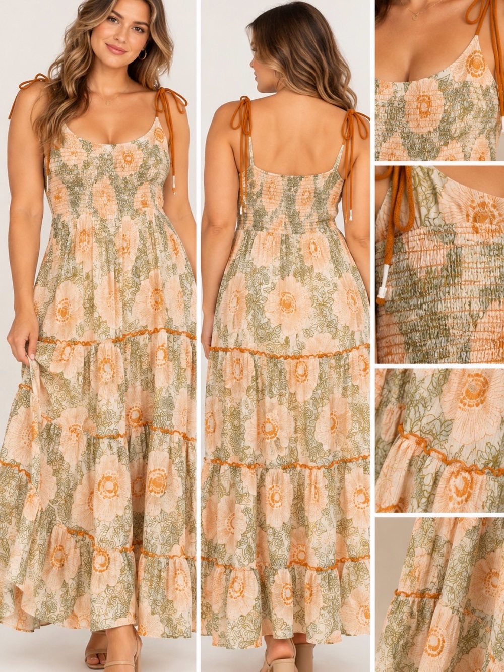 Free People NWT XL Ivory Floral Smocked Tiered Maxi Dress $168